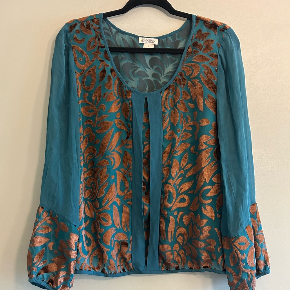 Lucky Brand Teal and Copper Floral Blouse